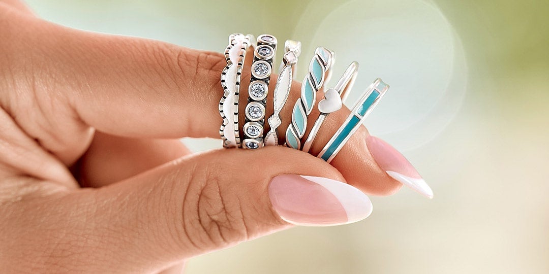 Sterling silver, birthstone, and enamel stackable rings